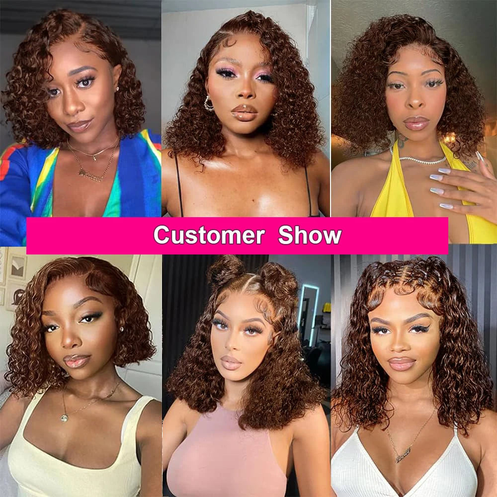 Brown Kinky Curly Short Bob Wig – 13x4 Pre-Plucked Brazilian Water Deep Wave, #4 Color