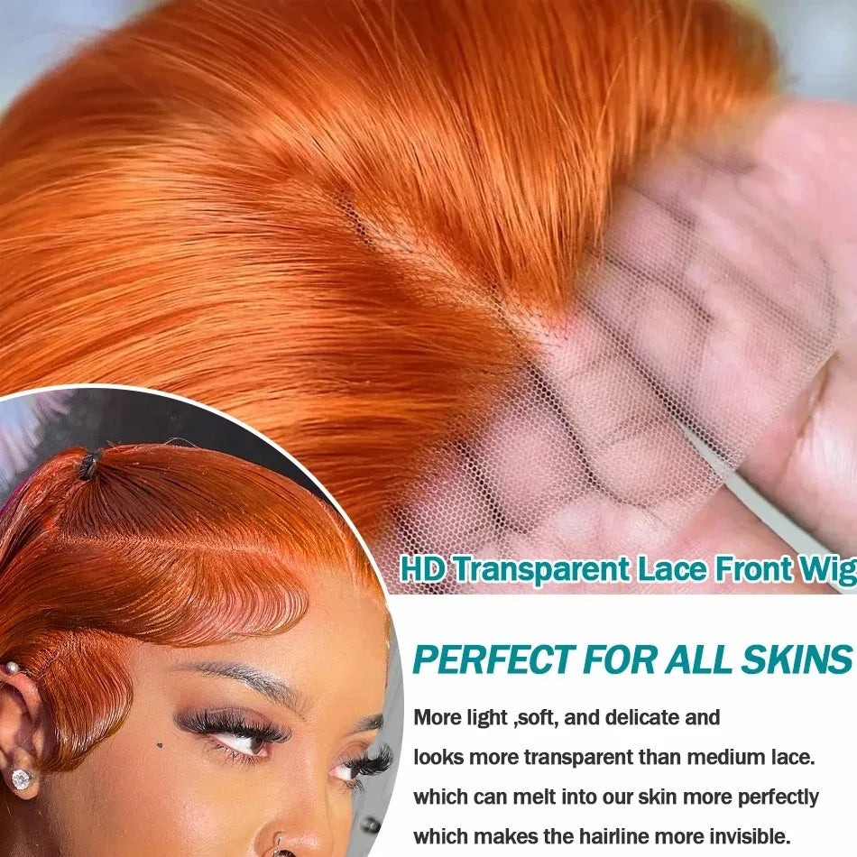 30–40" Ginger Straight Lace Front Wig – 13x5/13x6 HD, 350 Orange Human Hair, 200% Density