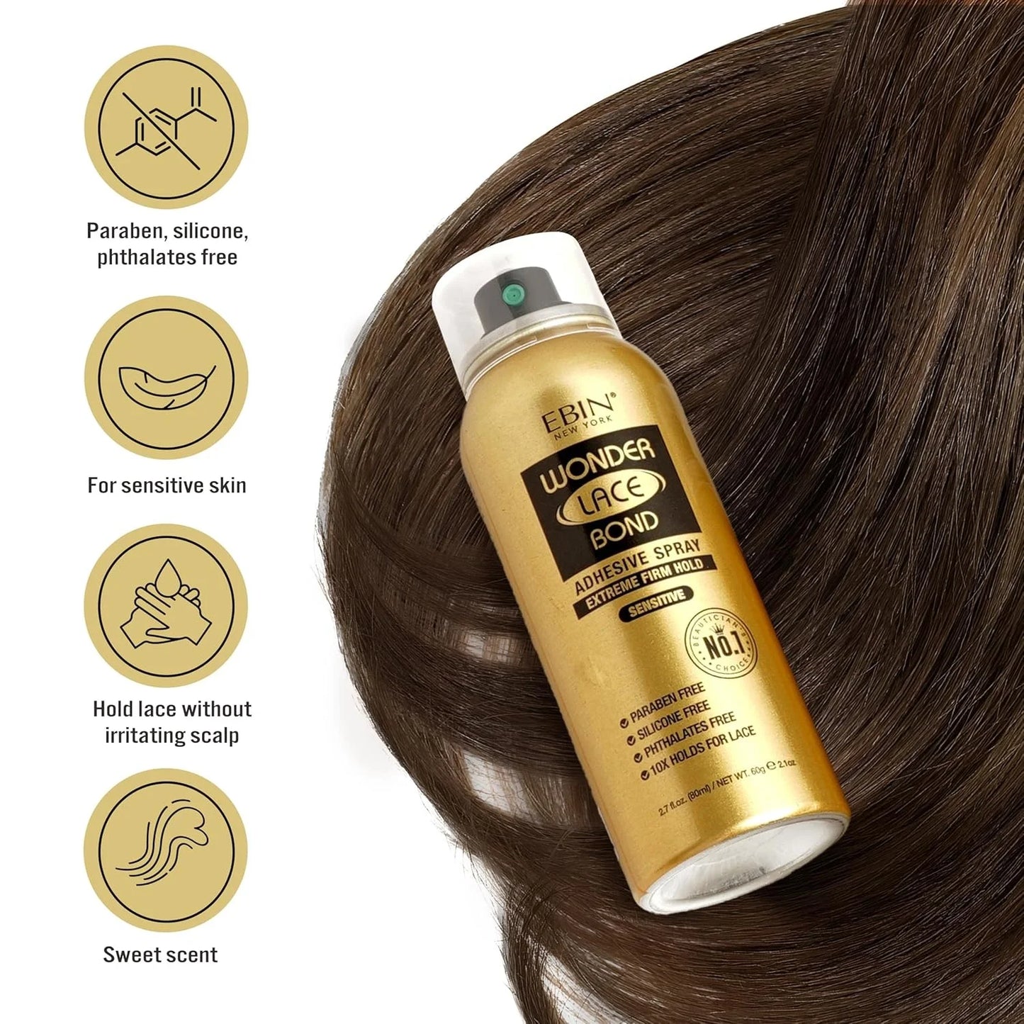 Ebin New York Wonder Lace Bond Adhesive Melting Spray Extreme Firm Hold Sensitive - Long Lasting Hold, Gentle on Skin