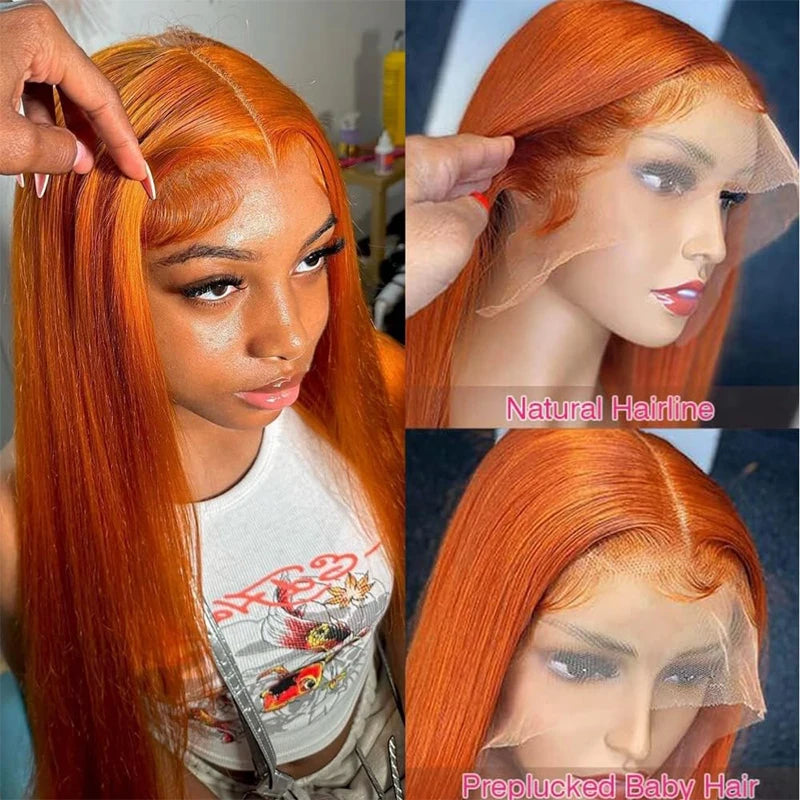 34" Orange Ginger Lace Front Wig – Straight Human Hair, Pre-Plucked, 13x4/13x6