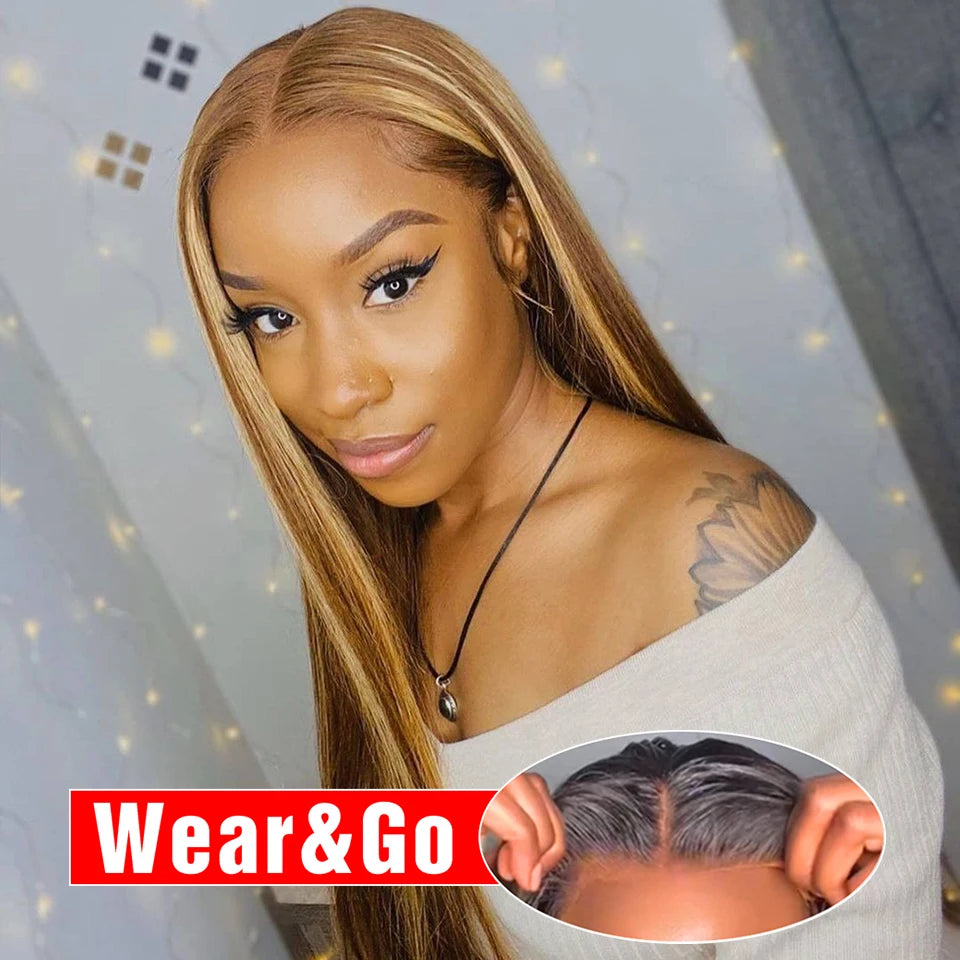 Glueless Highlight Straight Wig – 13x6 HD Lace Front, Ombre Brazilian Human Hair