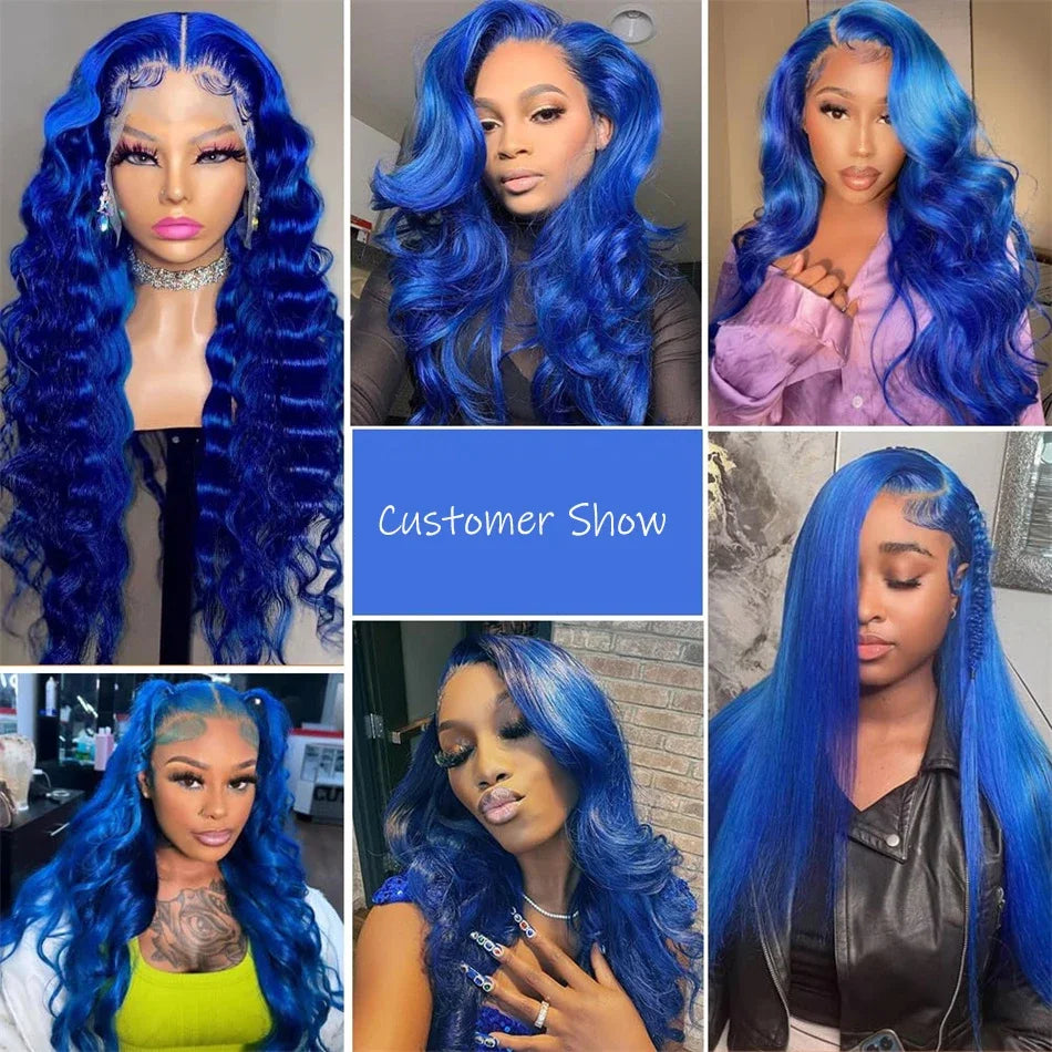 Navy Blue Body Wave Wig – 13x4 Transparent Lace Front, Brazilian Colored, Pre-Plucked Human Hair