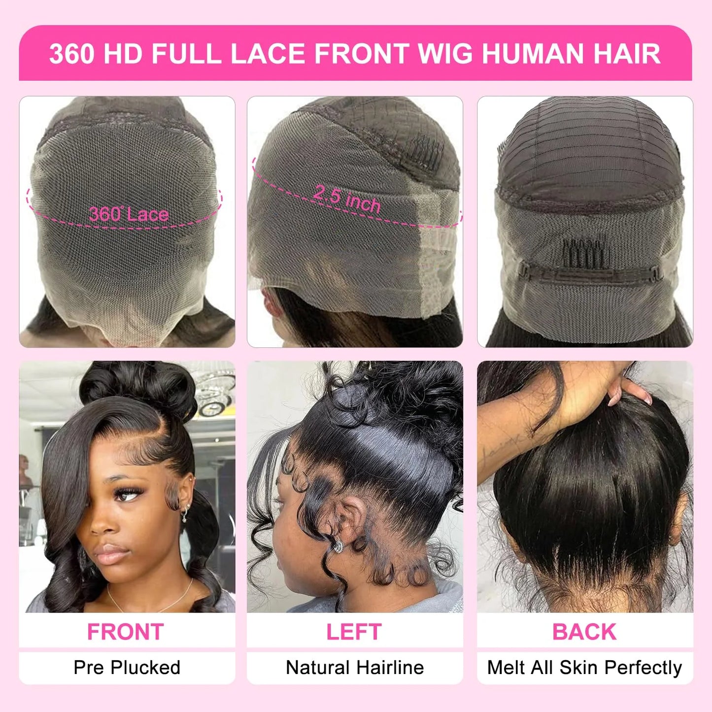 360 Body Wave Lace Front Wig – Hidden Strap Drawstring, 250% Density Full Lace Human Hair