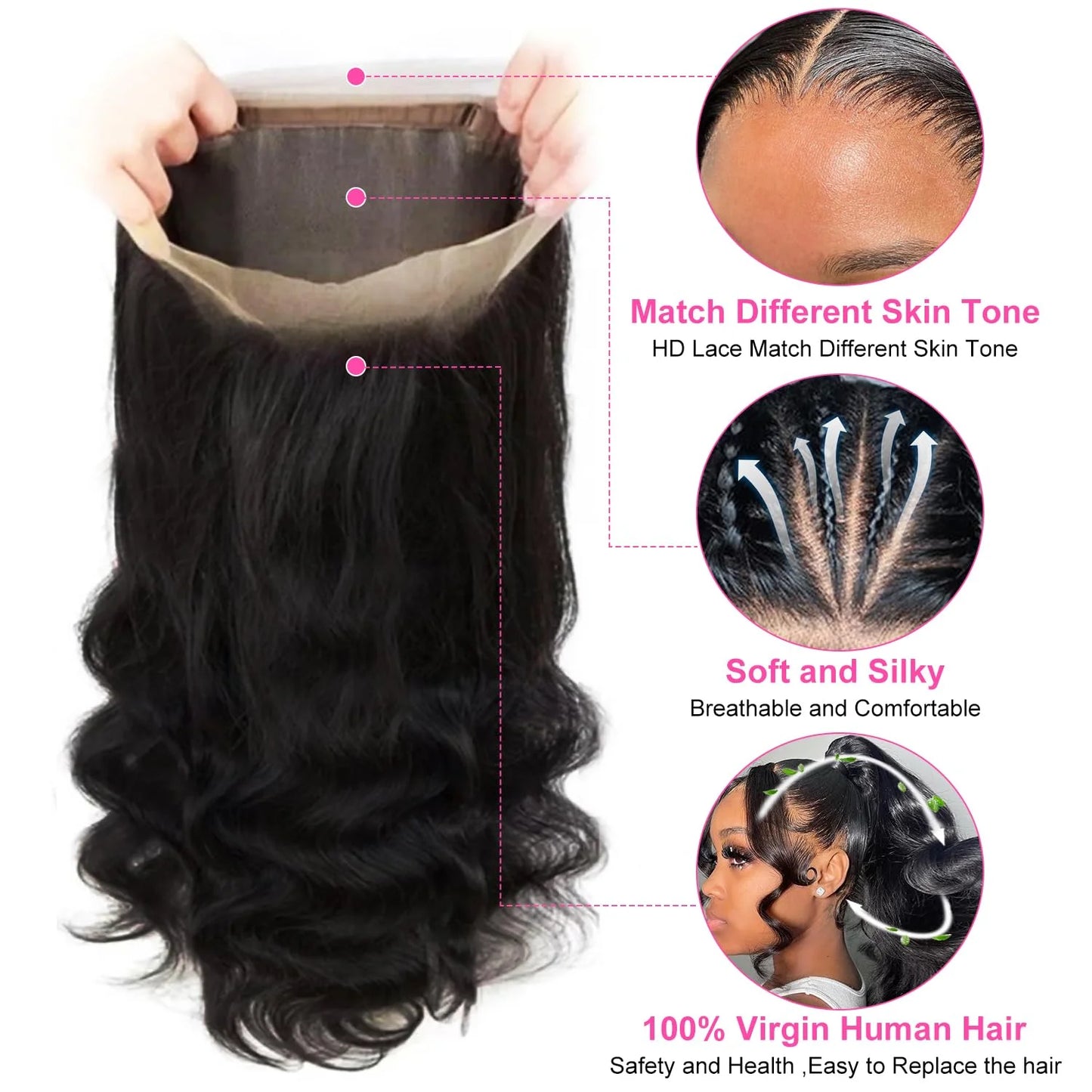 360 Body Wave Lace Front Wig – Hidden Strap Drawstring, 250% Density Full Lace Human Hair