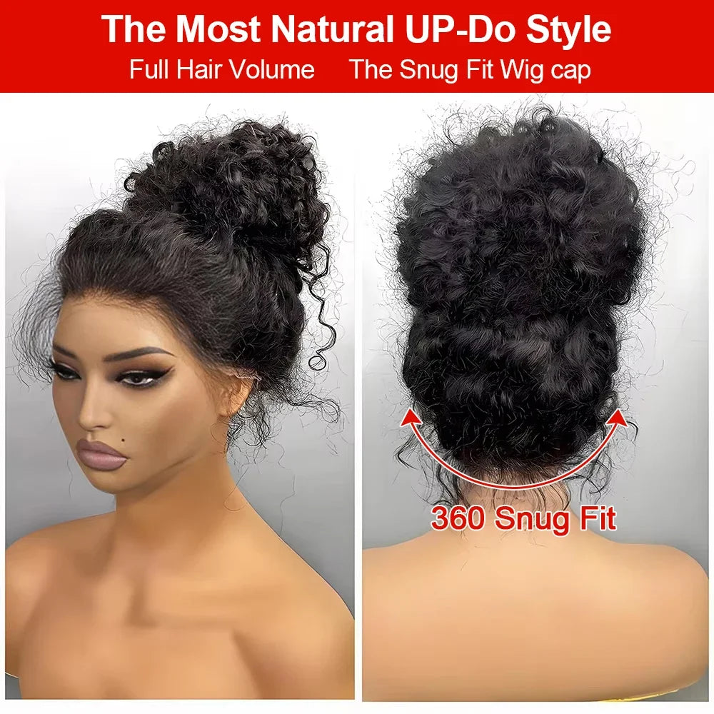 40" Invisible Strap 360 Lace Wig – Full Lace, Natural Black Curly Human Hair with Drawstring