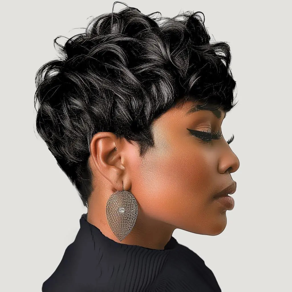 Short Black Elf Wig with Bangs – Layered Curly Synthetic Wig for Women