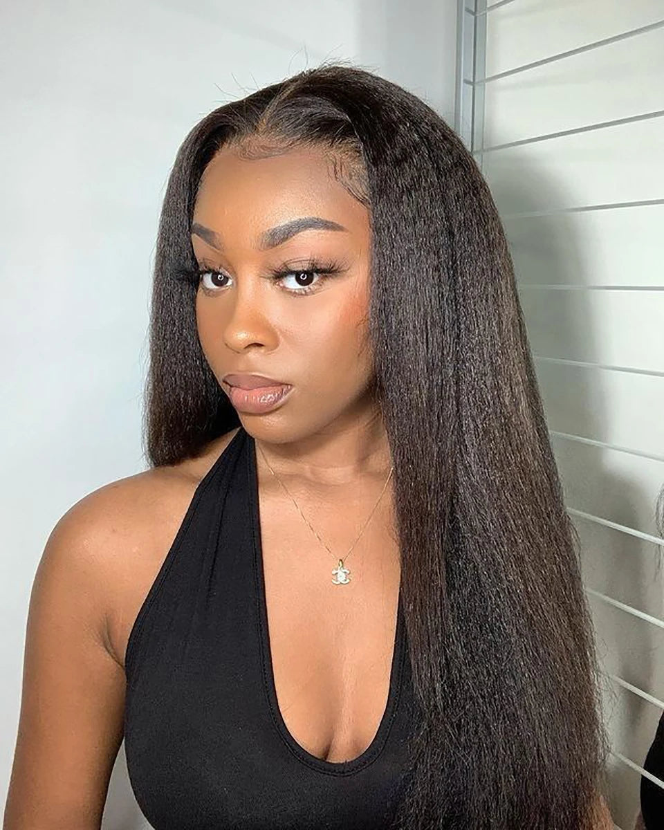 Glueless Yaki Kinky Straight Wig – Pre-Cut HD Lace, Pre-Plucked 100% Human Hair, Ready to Wear