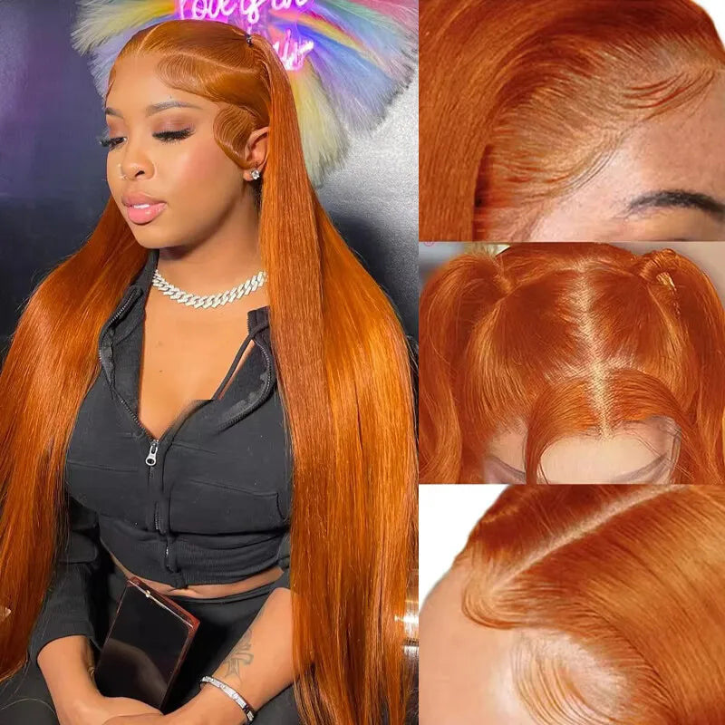 34" Orange Ginger Lace Front Wig – Straight Human Hair, Pre-Plucked, 13x4/13x6
