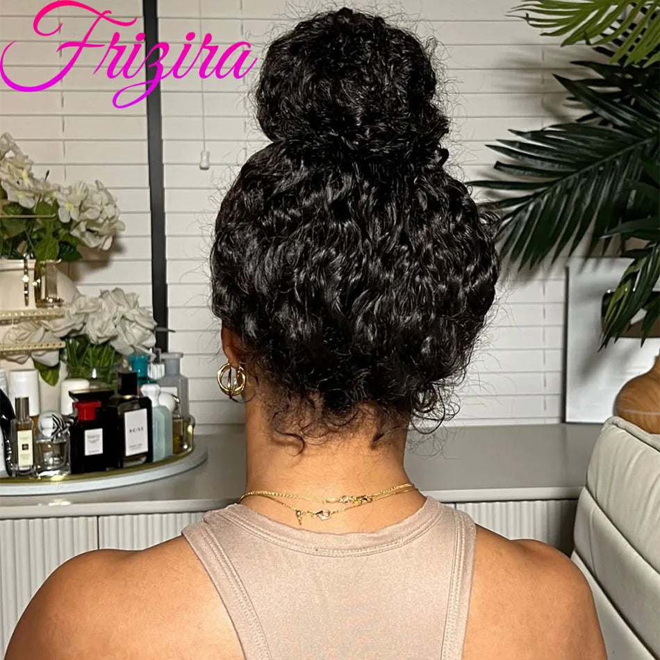 40" Invisible Strap 360 Lace Wig – Full Lace, Natural Black Curly Human Hair with Drawstring