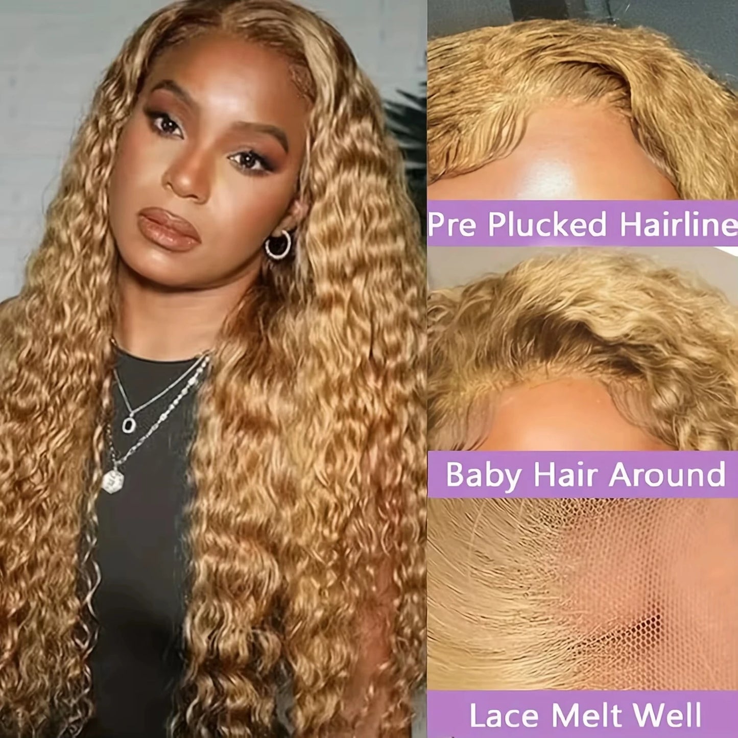 30" #27 Honey Blonde Deep Wave Wig – 13x6 HD Lace Frontal, Pre-Plucked 100% Human Hair