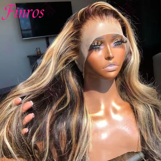 13x6 HD Transparent Body Wave Lace Front Wig – Colored Highlight 4/27 Blonde, Pre-Plucked Brazilian Human Hair