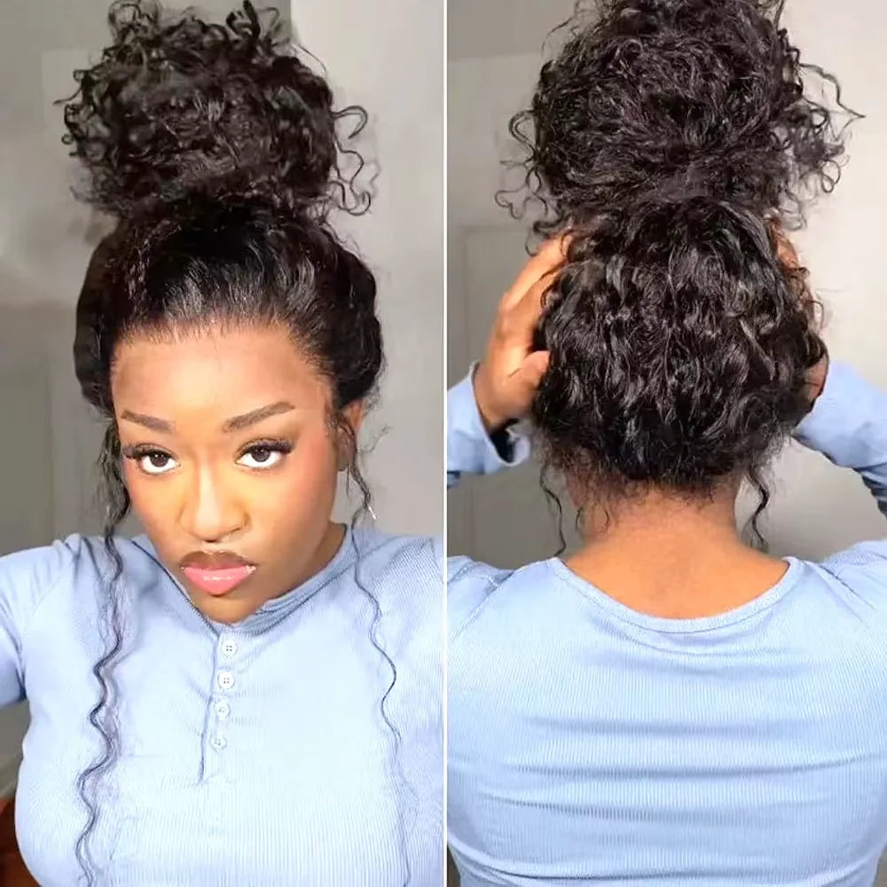 40" Invisible Strap 360 Lace Wig – Full Lace, Natural Black Curly Human Hair with Drawstring