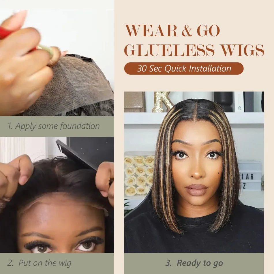 Wear & Go Glueless Bob Wig – P1B/27 Blonde Highlight, 5x5 HD Lace Closure, Pre-Plucked Human Hair