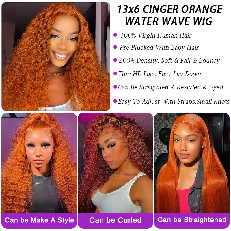 Orange Ginger Curly Lace Front Wig – 13x6/13x4 Water & Deep Wave, 30–38" Human Hair