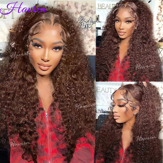 13x4 Chocolate Brown Curly Lace Front Wig – Pre-Plucked Deep Wave, 13x6 HD Lace Brazilian Human Hair