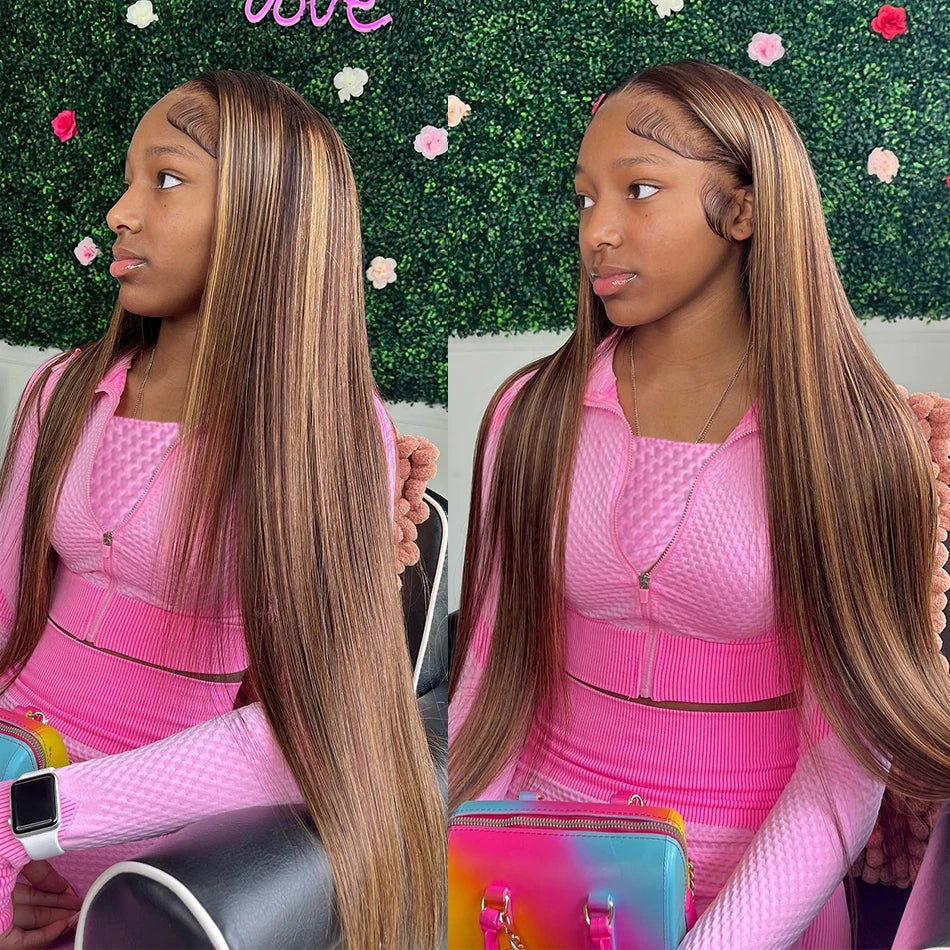 Glueless Highlight Straight Wig – 13x6 HD Lace Front, Ombre Brazilian Human Hair