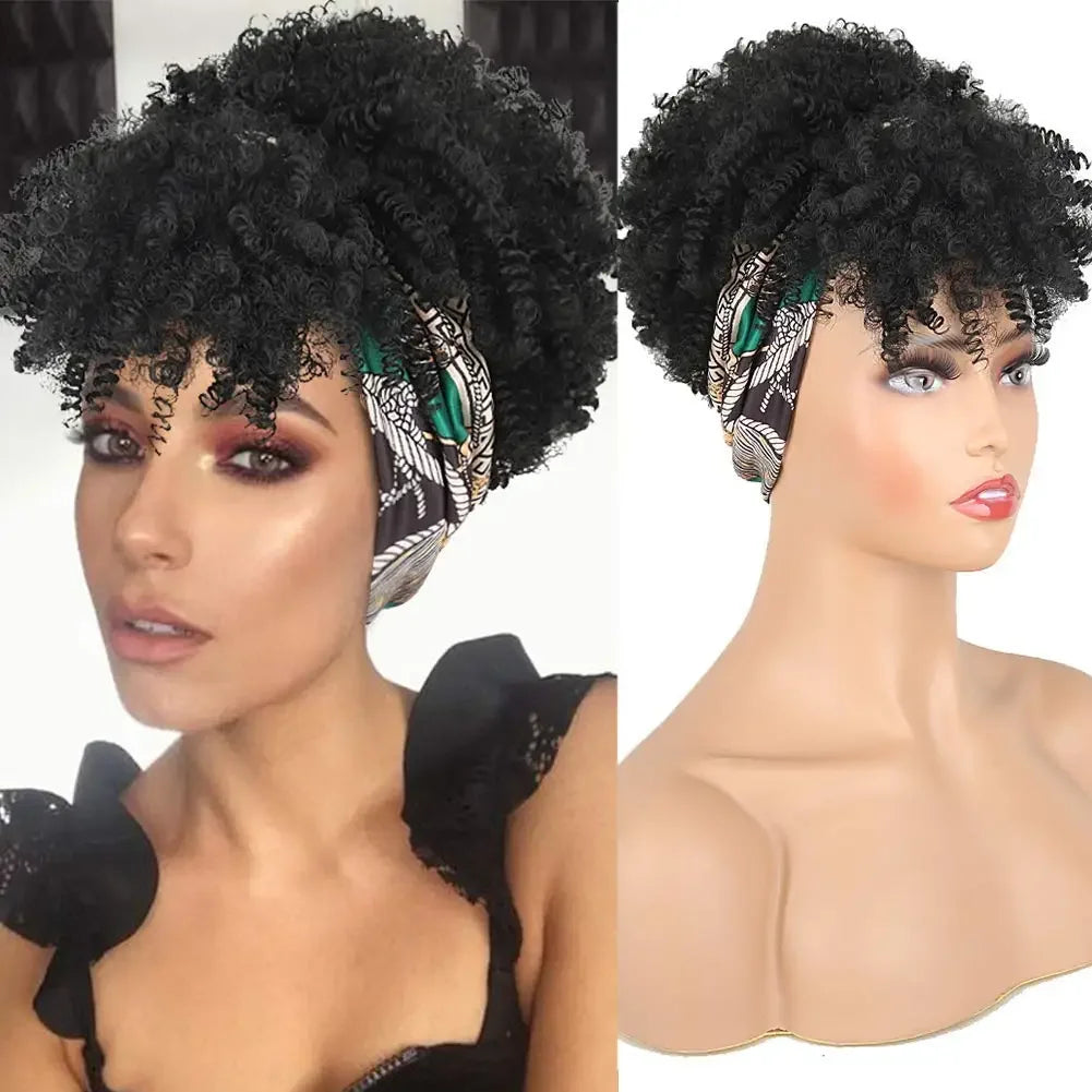 Short African Curly Synthetic Wig – Soft Curls with Attached Headscarf for Black Women