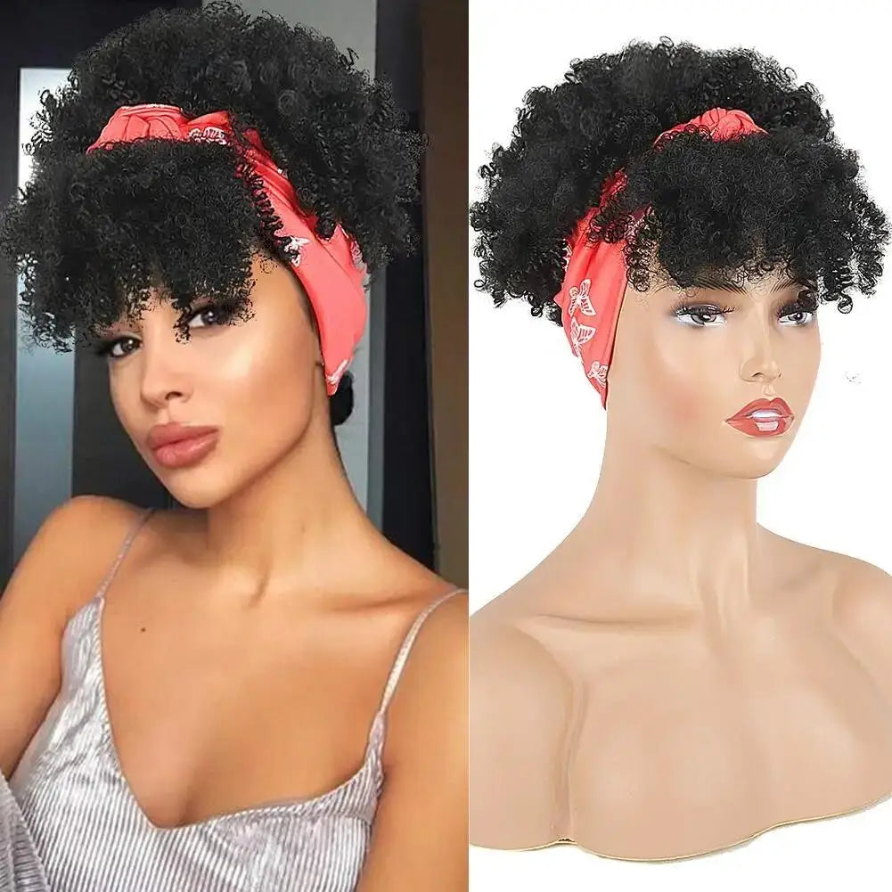 Short African Curly Synthetic Wig – Soft Curls with Attached Headscarf for Black Women