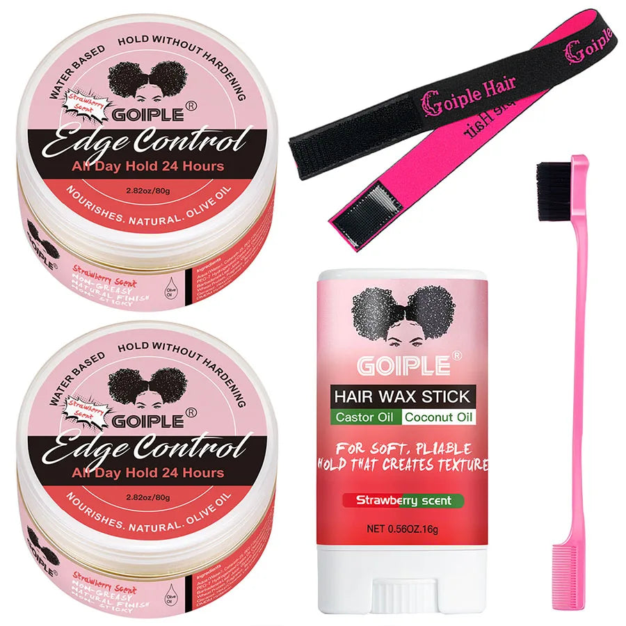 GOIPLE Edge Control Gel Set – Strong Hold 4C Pomade, Hair Wax Stick, Frizz Tamer with Brush & Band