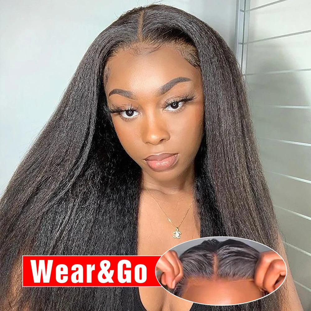 Glueless Yaki Kinky Straight Wig – Pre-Cut HD Lace, Pre-Plucked 100% Human Hair, Ready to Wear