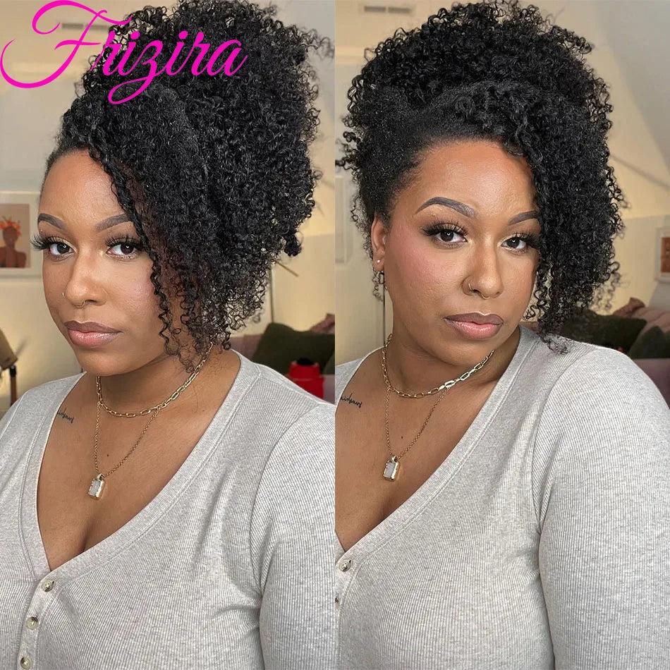 40" Invisible Strap 360 Lace Wig – Full Lace, Natural Black Curly Human Hair with Drawstring