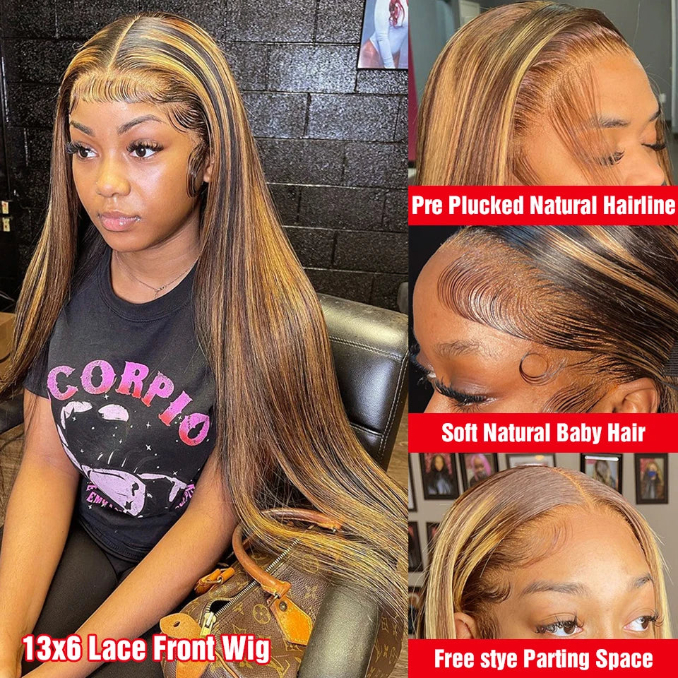 Glueless Highlight Straight Wig – 13x6 HD Lace Front, Ombre Brazilian Human Hair