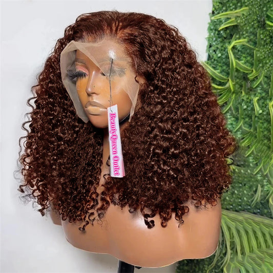 Brown Kinky Curly Short Bob Wig – 13x4 Pre-Plucked Brazilian Water Deep Wave, #4 Color
