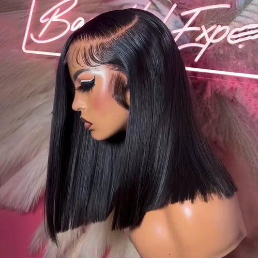 16" Bob Wig – 220% Density Straight 13x4 Lace Front, Pre-Plucked Brazilian Remy Human Hair