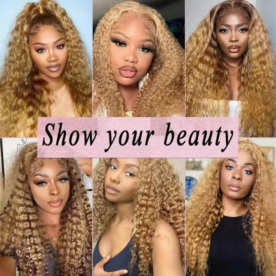 30" #27 Honey Blonde Deep Wave Wig – 13x6 HD Lace Frontal, Pre-Plucked 100% Human Hair
