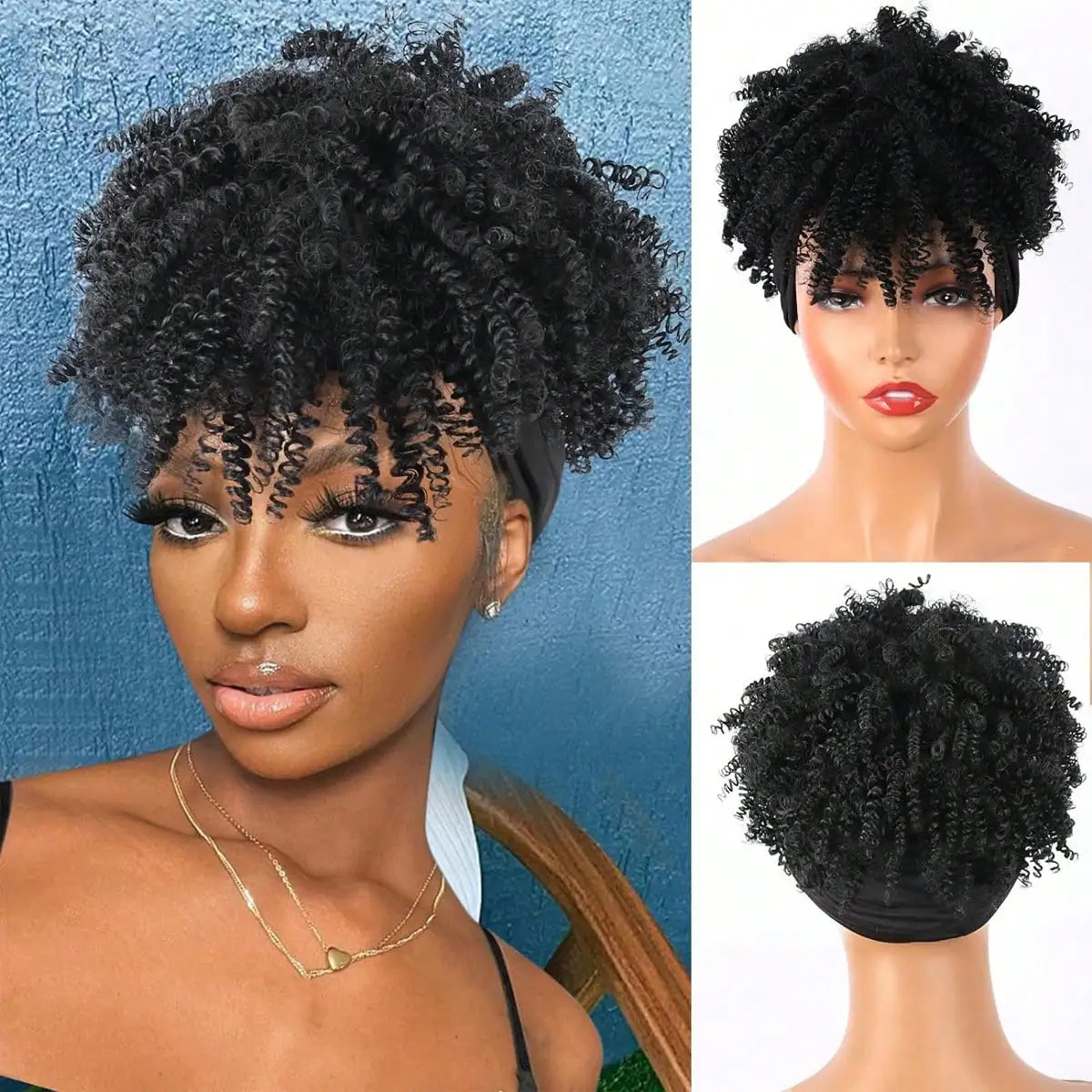 Short African Curly Synthetic Wig – Soft Curls with Attached Headscarf for Black Women