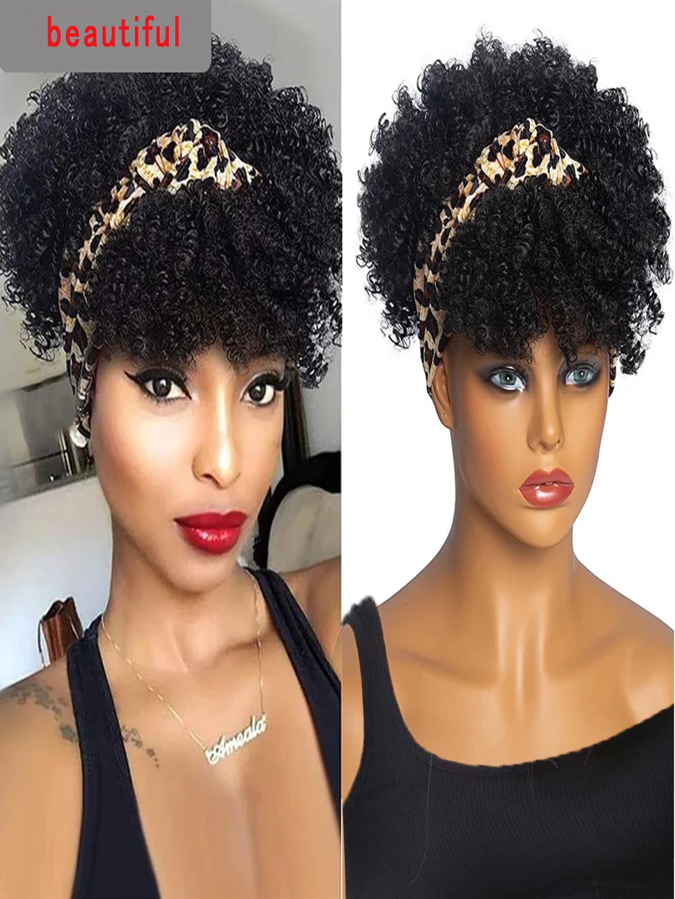 Short African Curly Synthetic Wig – Soft Curls with Attached Headscarf for Black Women
