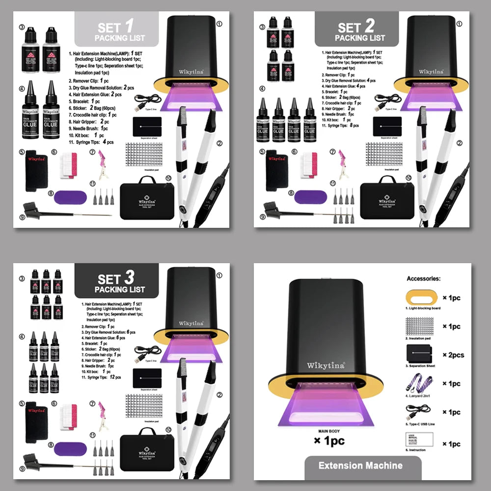 Wikytina 2025 UV V Light Hair Extension Tool Set – Complete Kit with UV Glue, Extension Machine & Remover Iron
