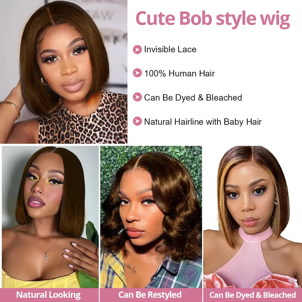 Glueless Chocolate Brown Bob Wig – 7x5 Lace Front, 180% Density, Pre-Plucked Straight Human Hai