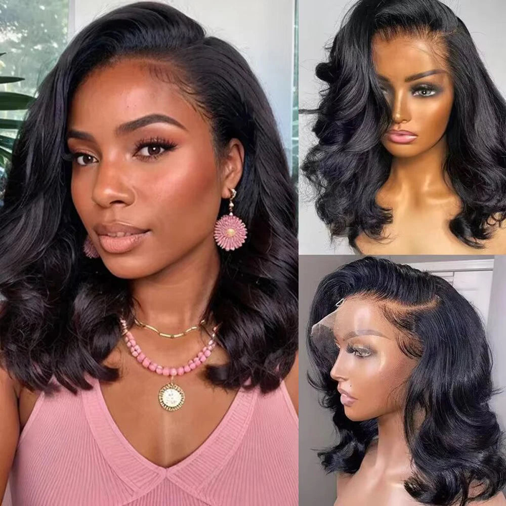 16" Body Wave Short Bob Wig – 200% Density, 13x4 Lace Front, Pre-Plucked Brazilian Remy Hair