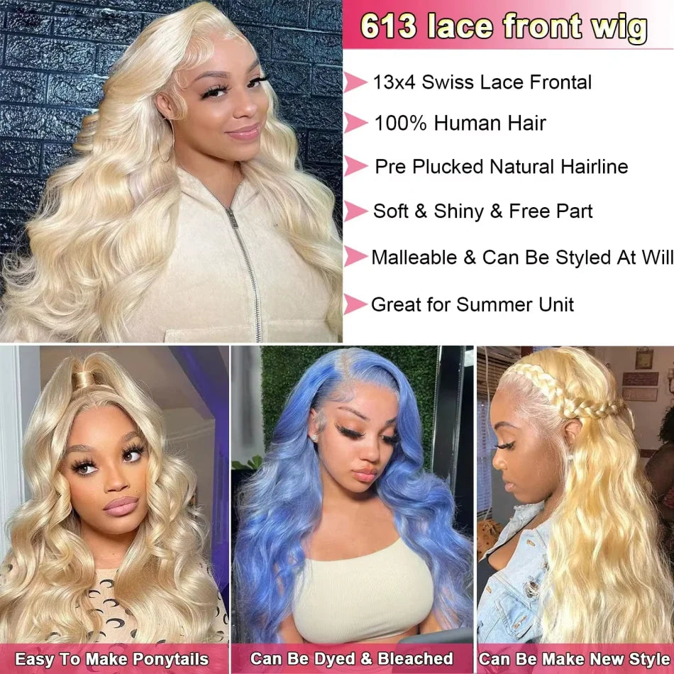30" 613 HD Lace Frontal Wig – 13x6 Body Wave, 220% Density Pre-Plucked Blonde Human Hair