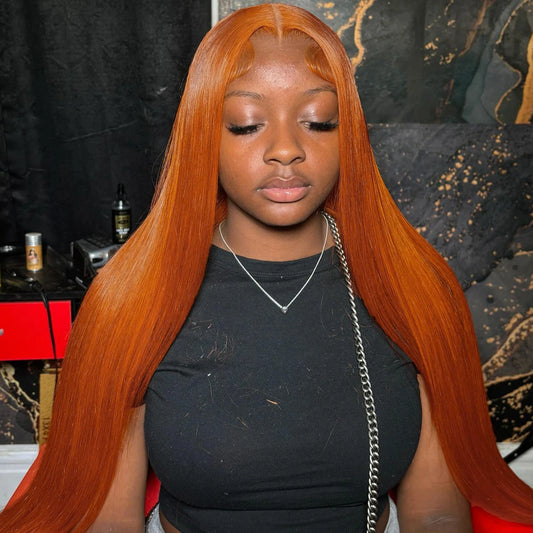 30" Orange Ginger Straight Lace Front Wig – 13x6 HD Transparent, 350 Brazilian Human Hai