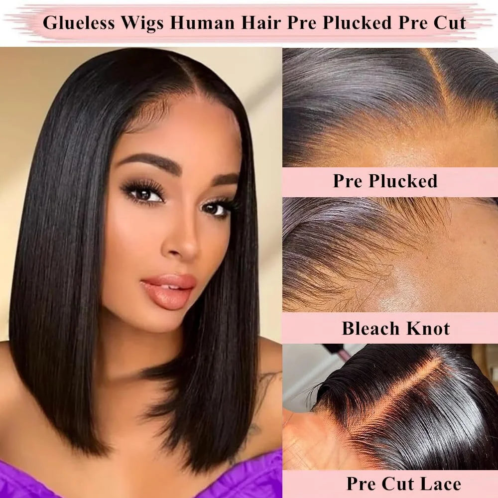 180% Straight Glueless Bob Wig – Pre-Cut Lace, Ready to Wear Human Hair Wig for Women