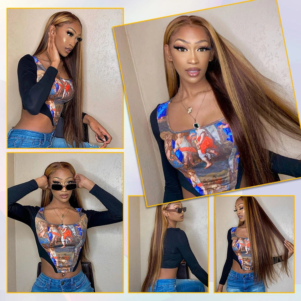 Glueless Highlight Straight Wig – 13x6 HD Lace Front, Ombre Brazilian Human Hair