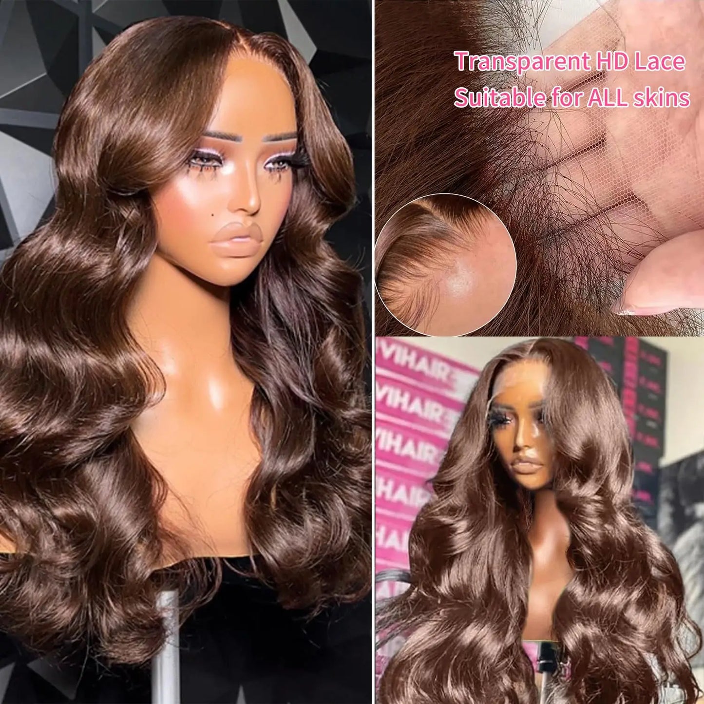 Chocolate Brown Body Wave Lace Frontal Wig – 13x4/13x6, 180% Density Human Hair