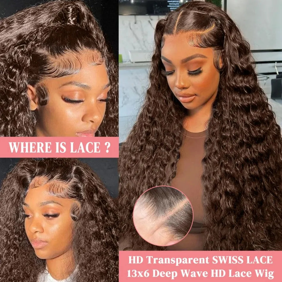 Chocolate Brown Deep Wave Lace Front Wig – 13x6 HD Lace, 250% Density Human Hair