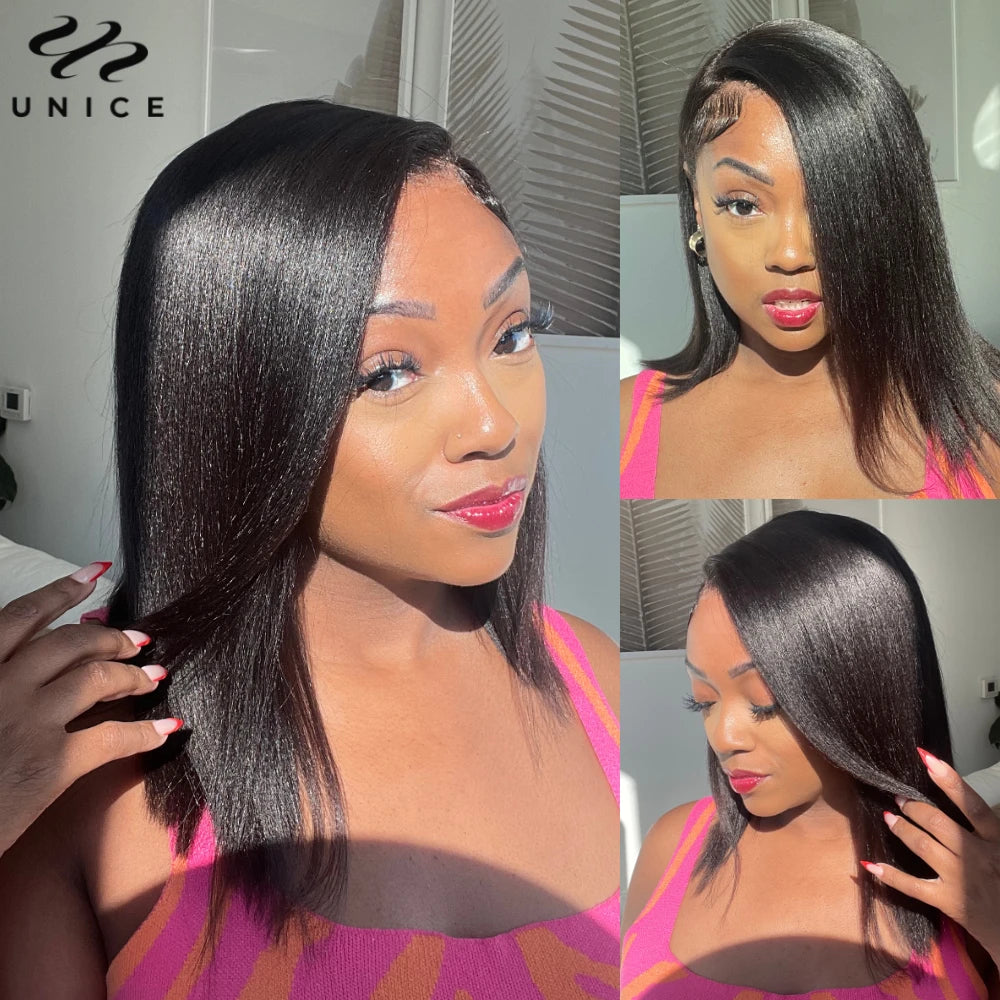 Unice Yaki Straight Bob Wig – 7x5 Drawstring Cap, Pre-Cut, Pre-Bleached, Glueless Human Hair