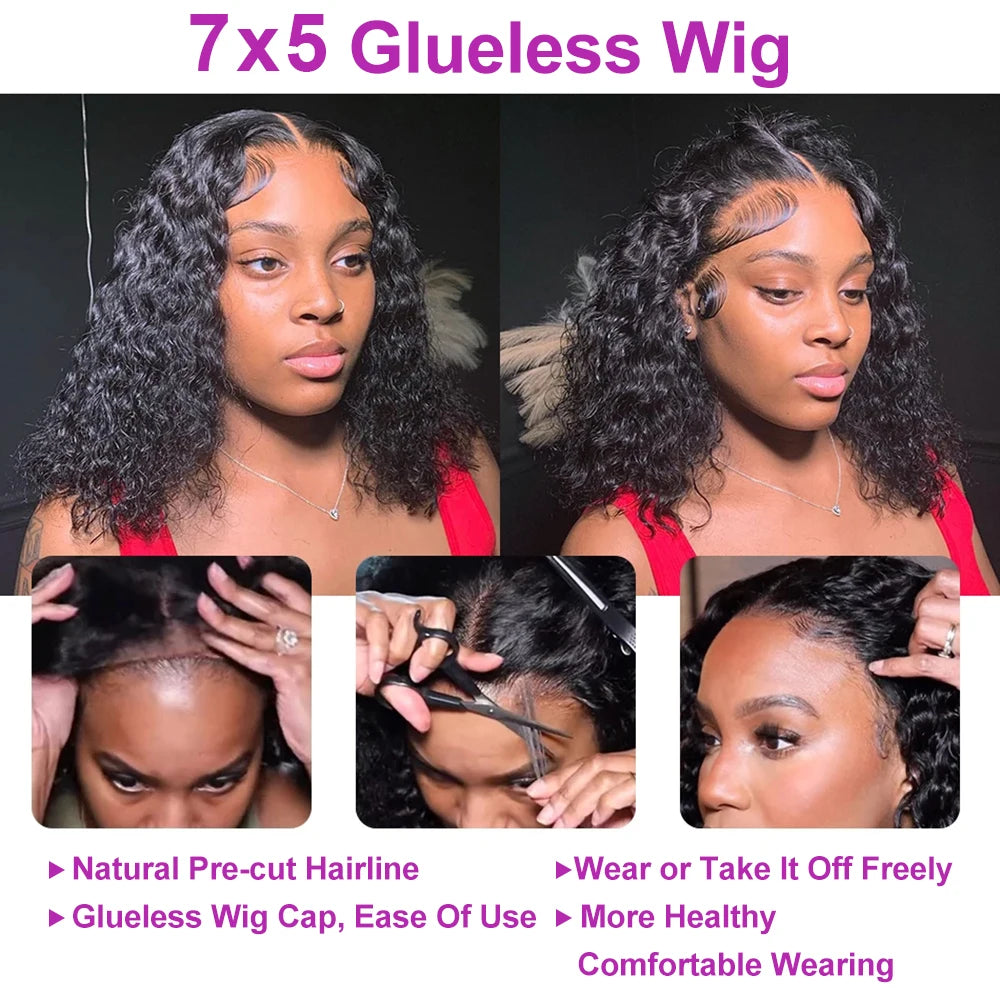 No-Glue Deep Wave Bob Wig – 13x4/7x5 Glueless, 250% Density Curly Human Hair