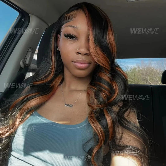 Body Wave Highlight Ombre Wig – 13x4/13x6 Lace Front, 1B/30 Black Brown Brazilian Human Hair