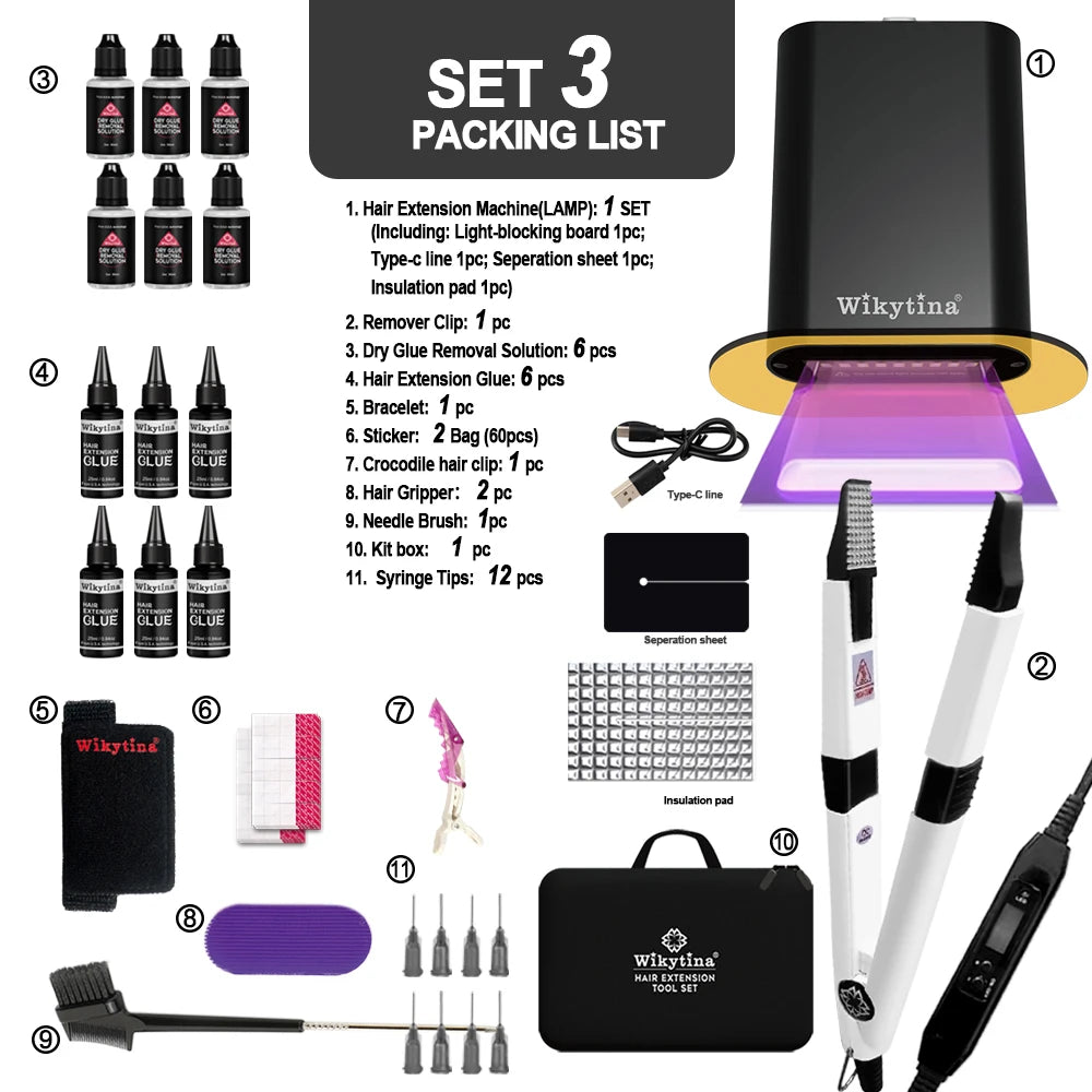 Wikytina 2025 UV V Light Hair Extension Tool Set – Complete Kit with UV Glue, Extension Machine & Remover Iron