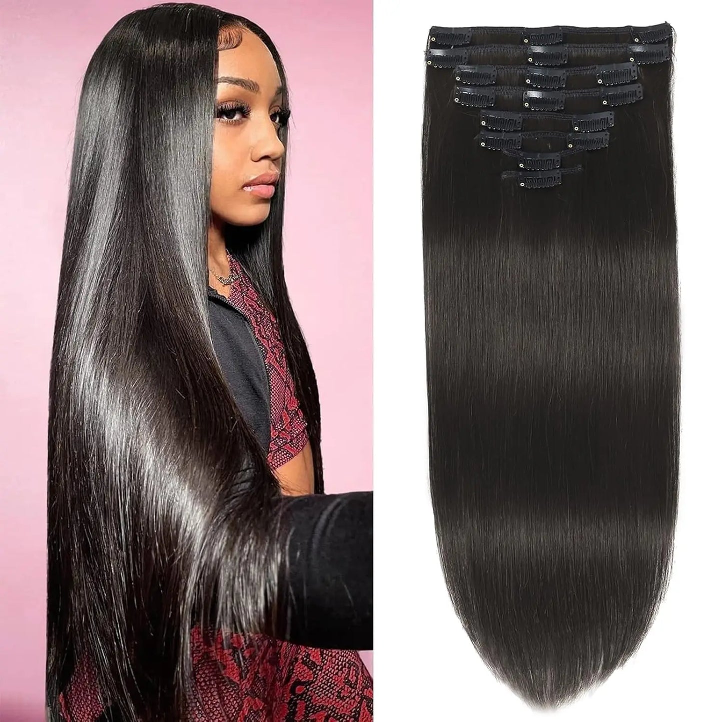 Straight Clip-In Hair Extensions – Soft Black, Thick Human Hair, 12–18 Inches