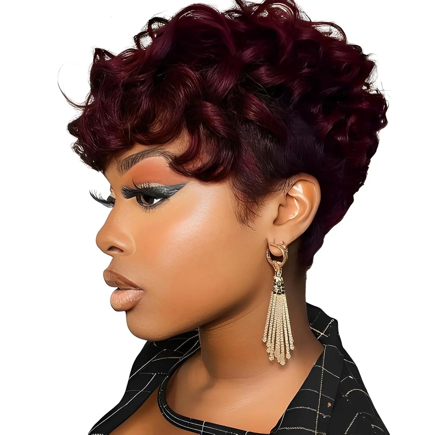 Short Black Elf Wig with Bangs – Layered Curly Synthetic Wig for Women