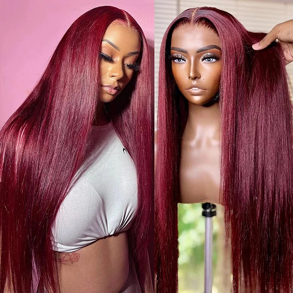 99J Burgundy Straight Wig – 13x4 Lace Front, 7x5 Glueless, 250% Density Human Hair