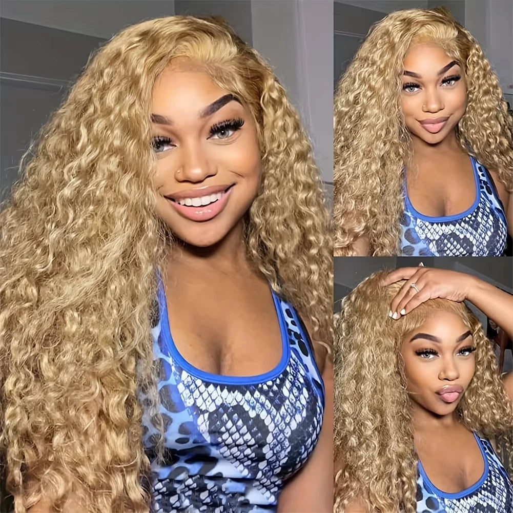 30" #27 Honey Blonde Deep Wave Wig – 13x6 HD Lace Frontal, Pre-Plucked 100% Human Hair
