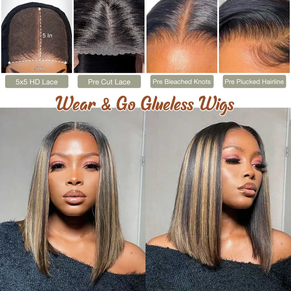 Wear & Go Glueless Bob Wig – P1B/27 Blonde Highlight, 5x5 HD Lace Closure, Pre-Plucked Human Hair