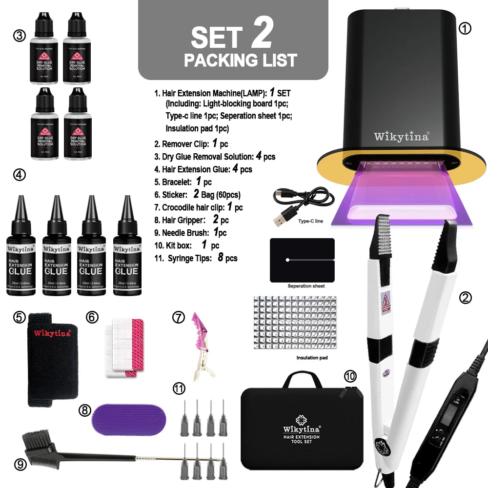 Wikytina 2025 UV V Light Hair Extension Tool Set – Complete Kit with UV Glue, Extension Machine & Remover Iron